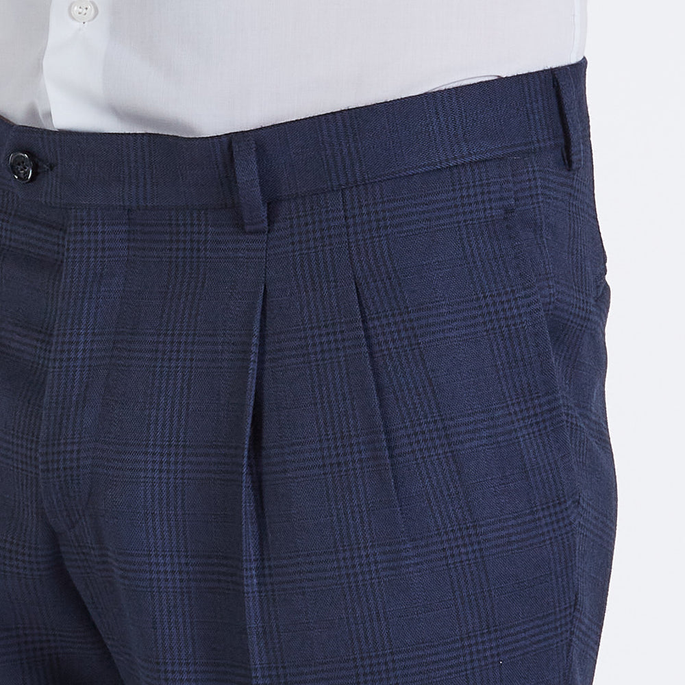 
                  
                    Blue Prince of Wales wool blend 2-pleat trousers
                  
                