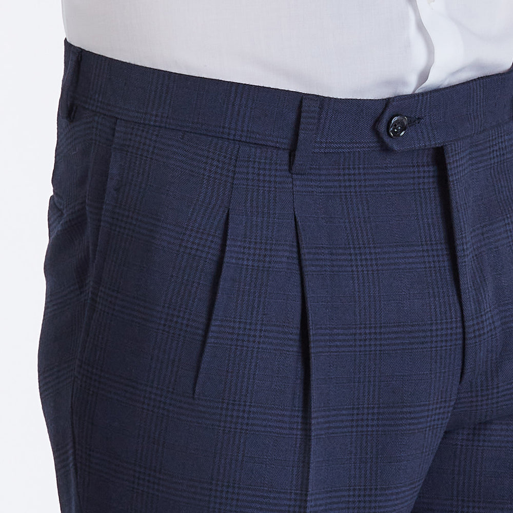 
                  
                    Blue Prince of Wales wool blend 2-pleat trousers
                  
                